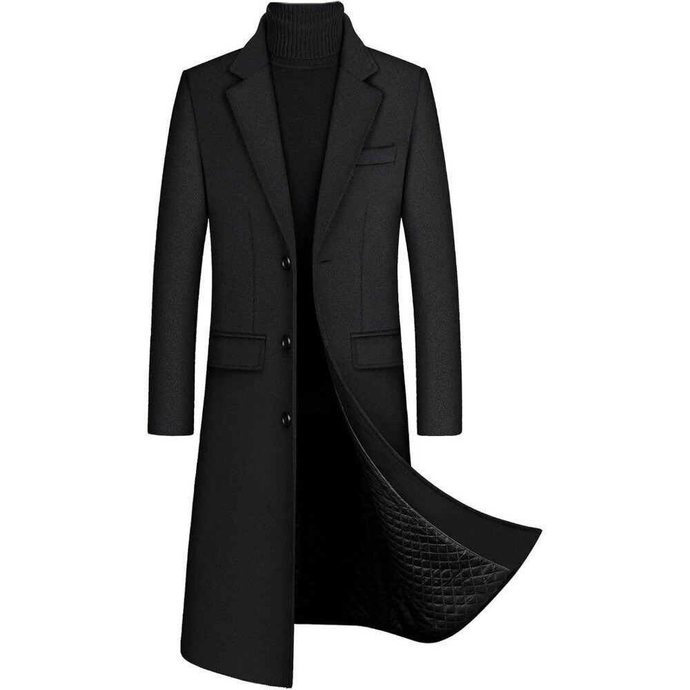 Men's Black Coat Notch Lapel Single Breasted Quilted Cotton Winter Trench
